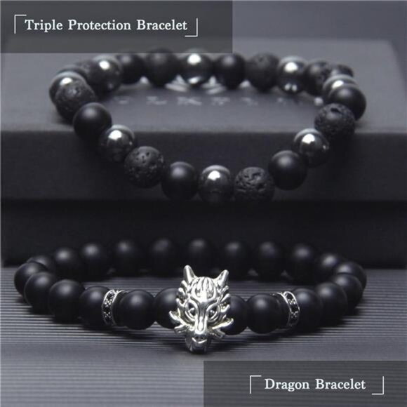 Mens Black Obsidian Bracelet Lava Stone Hematite Onyx Beaded Triple Protection - Picture 5 of 7